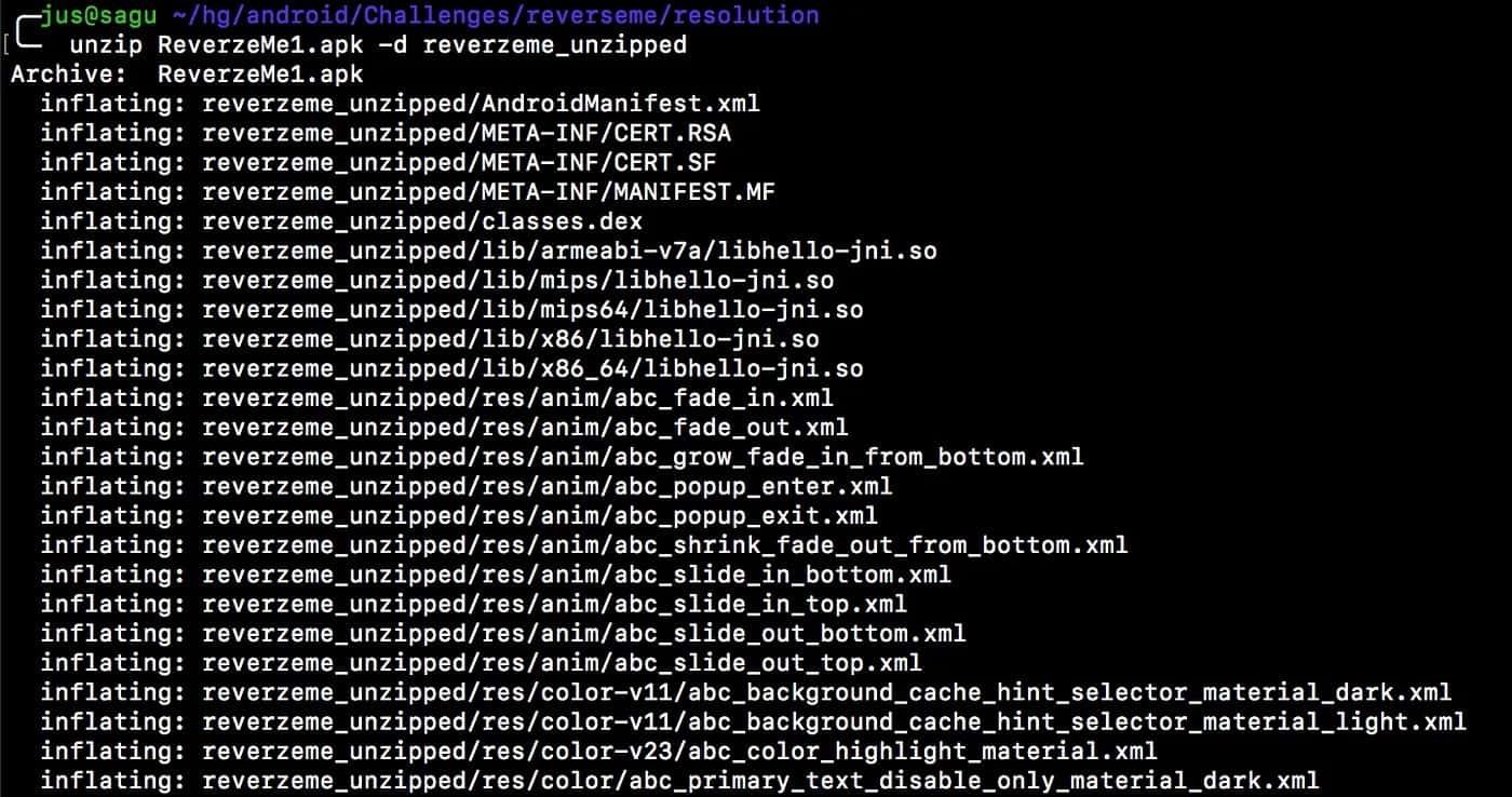 $unzip ReverseMe1.apk -d reverseme\_unzipped