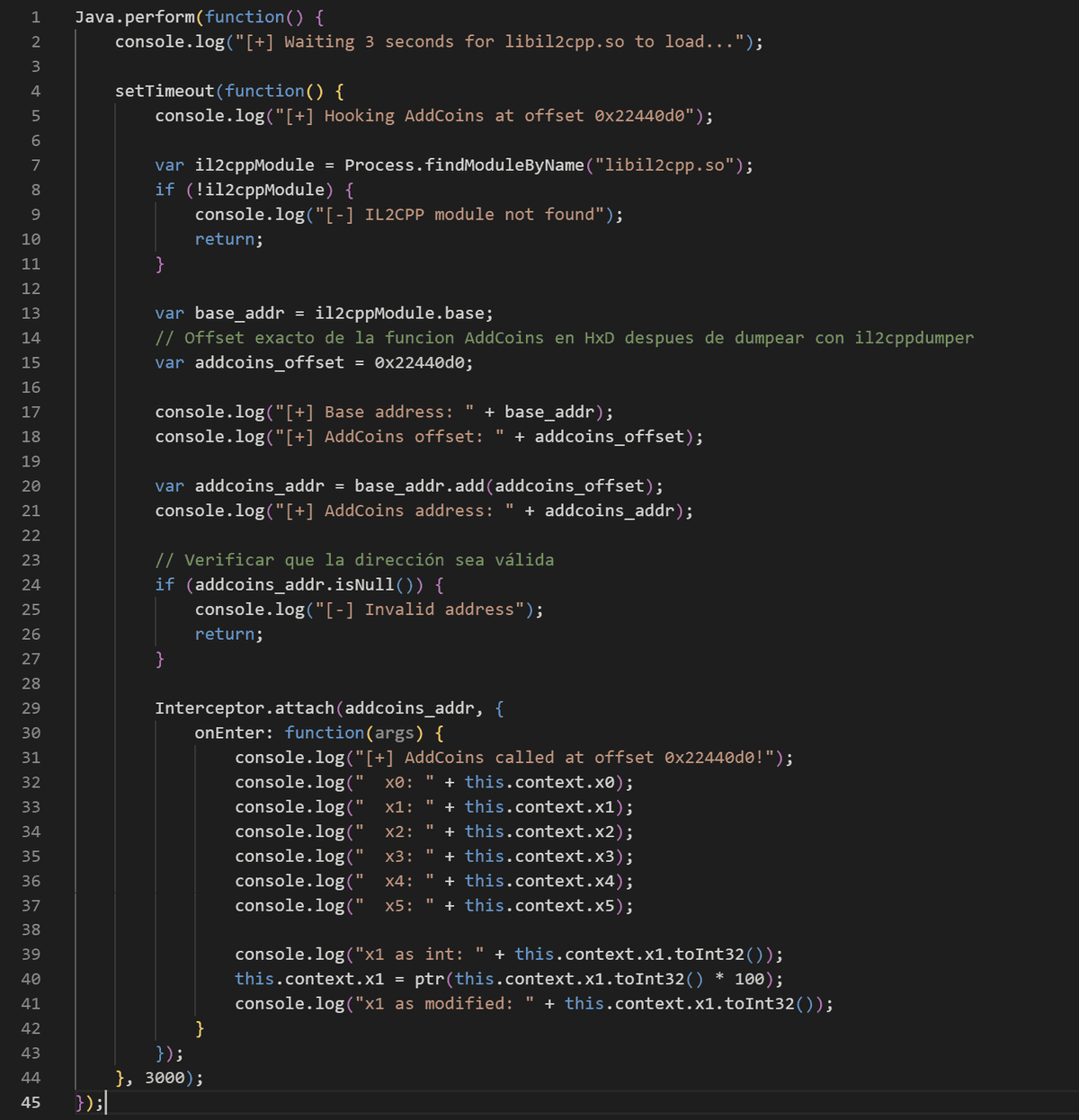 Figure 1: Frida Script Hook function and behaviour editing on AddCoins