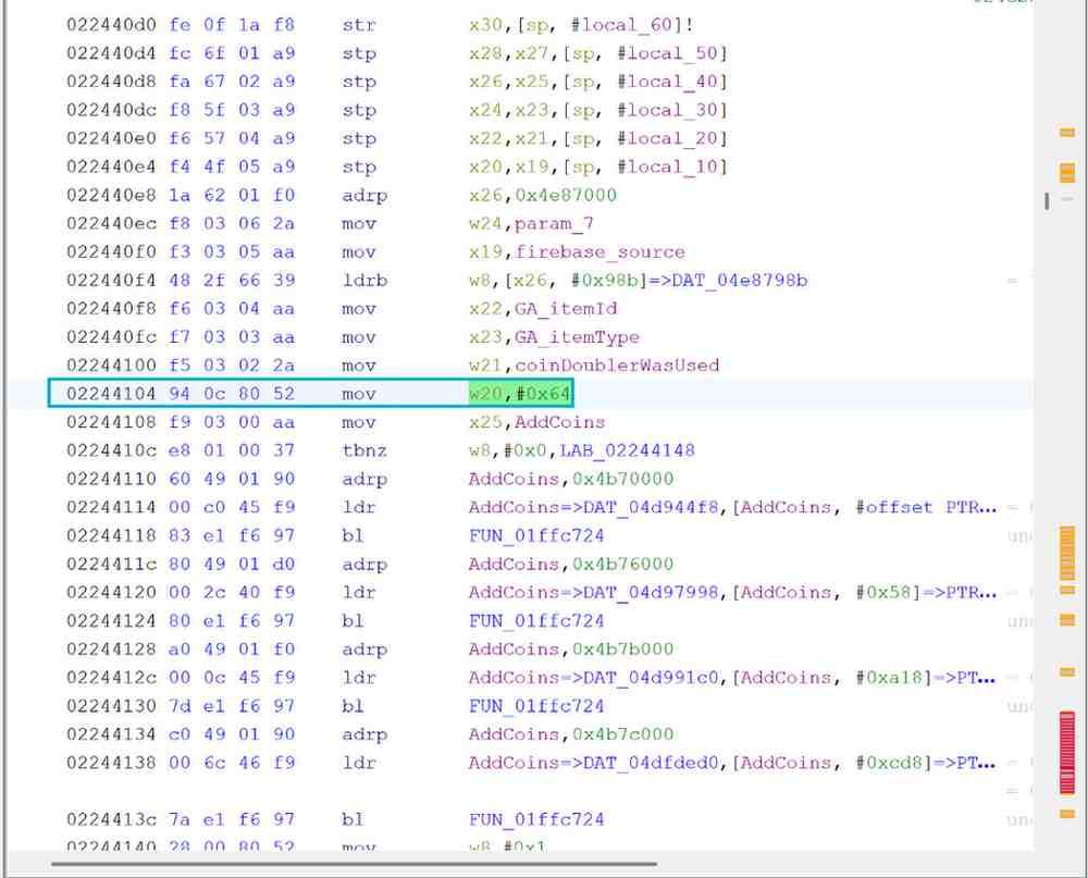 Figure 3: Ghidra il2cpp.so coins value modification