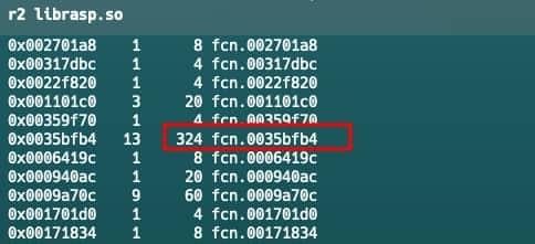 Figure 12. The fcn.0035bfb4 is a possible candidate to be central in the protection deployment of the librasp.so library