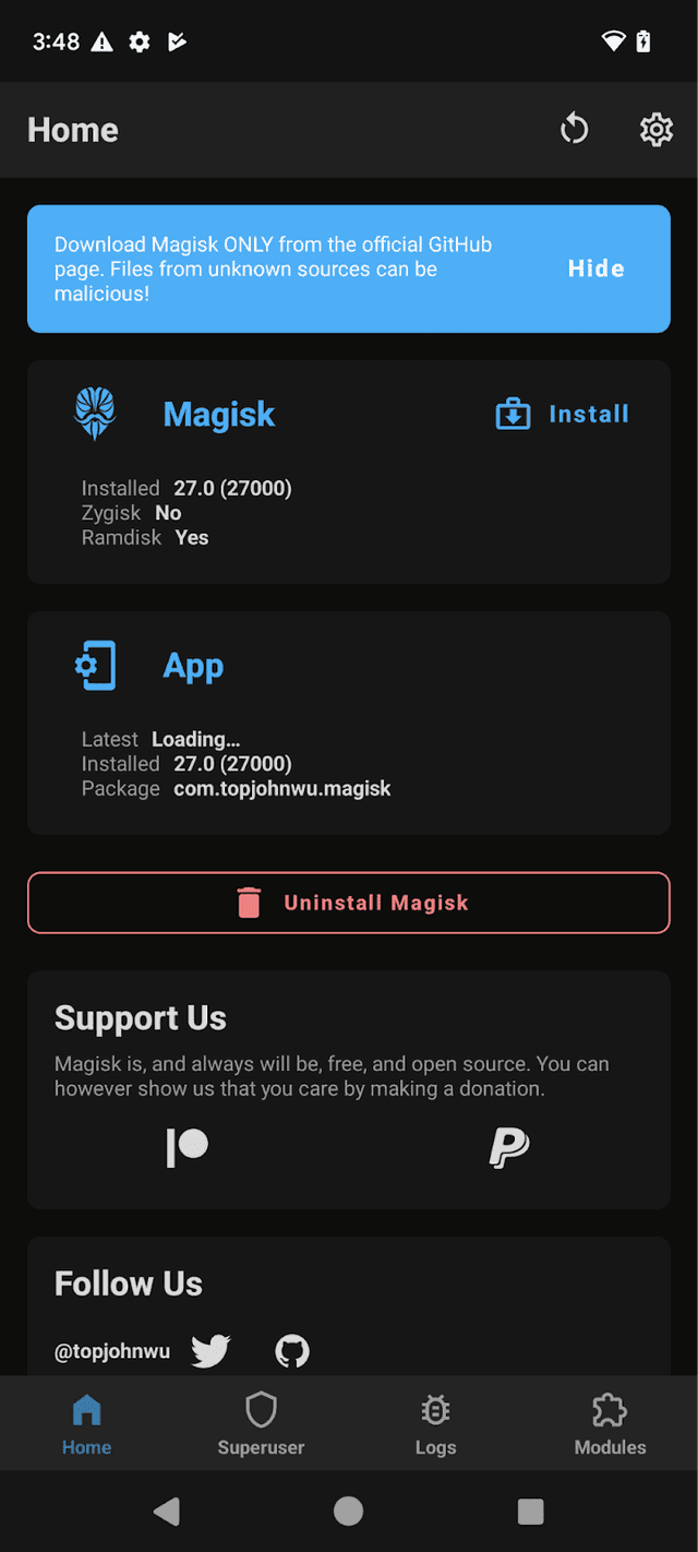 Image showing Magisk successfully installed on the device