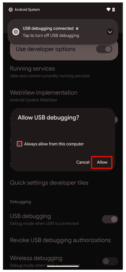 Image showing prompt to the user to accept debugging from the new computer