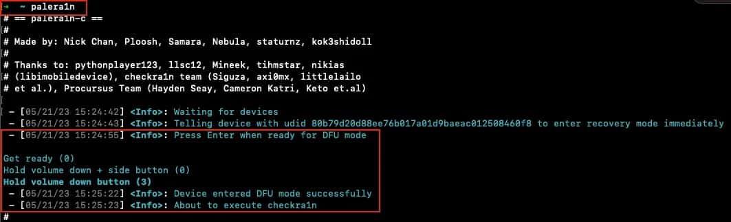Running palera1n with the device connected