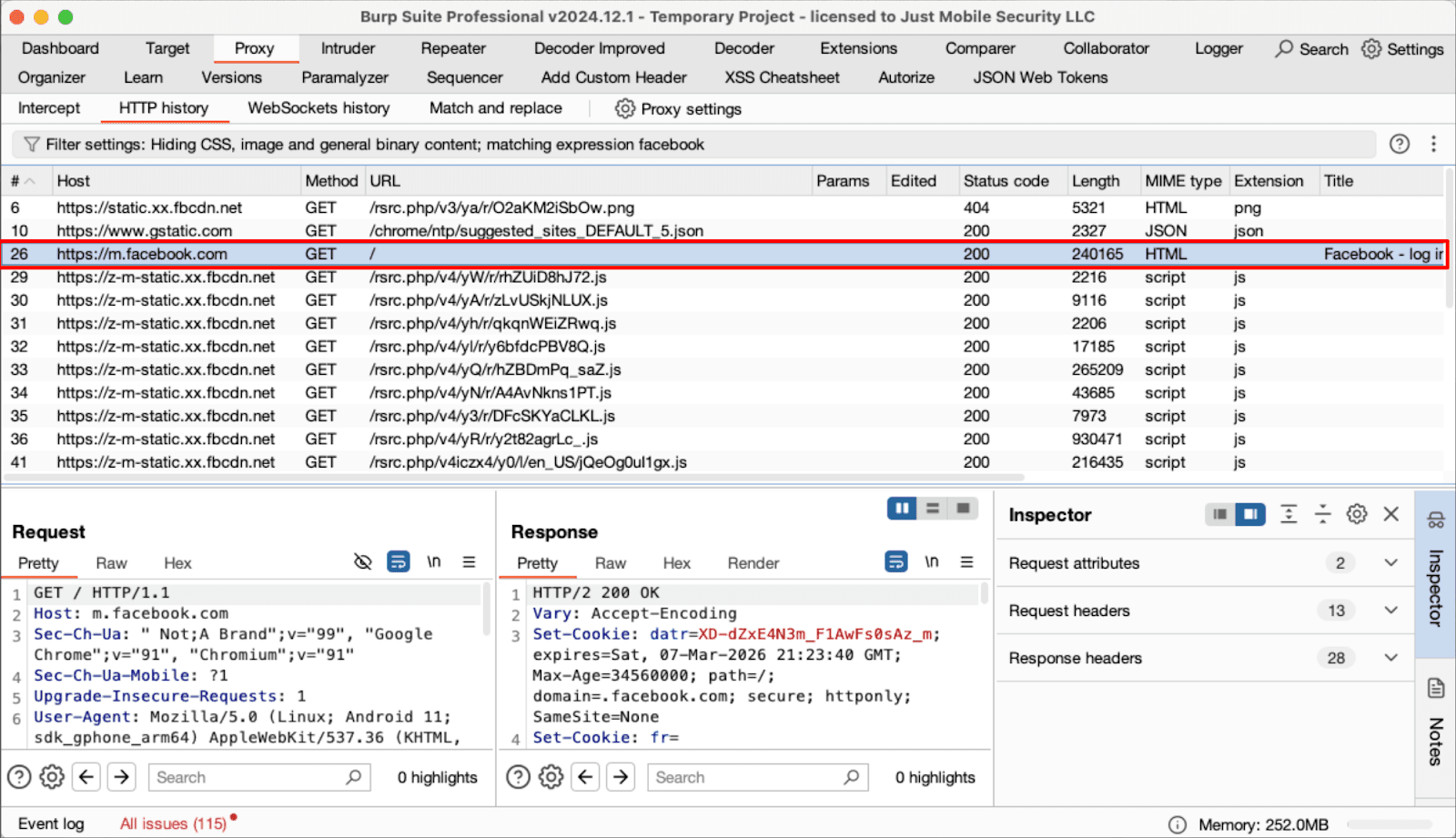 Burp capturing network traffic