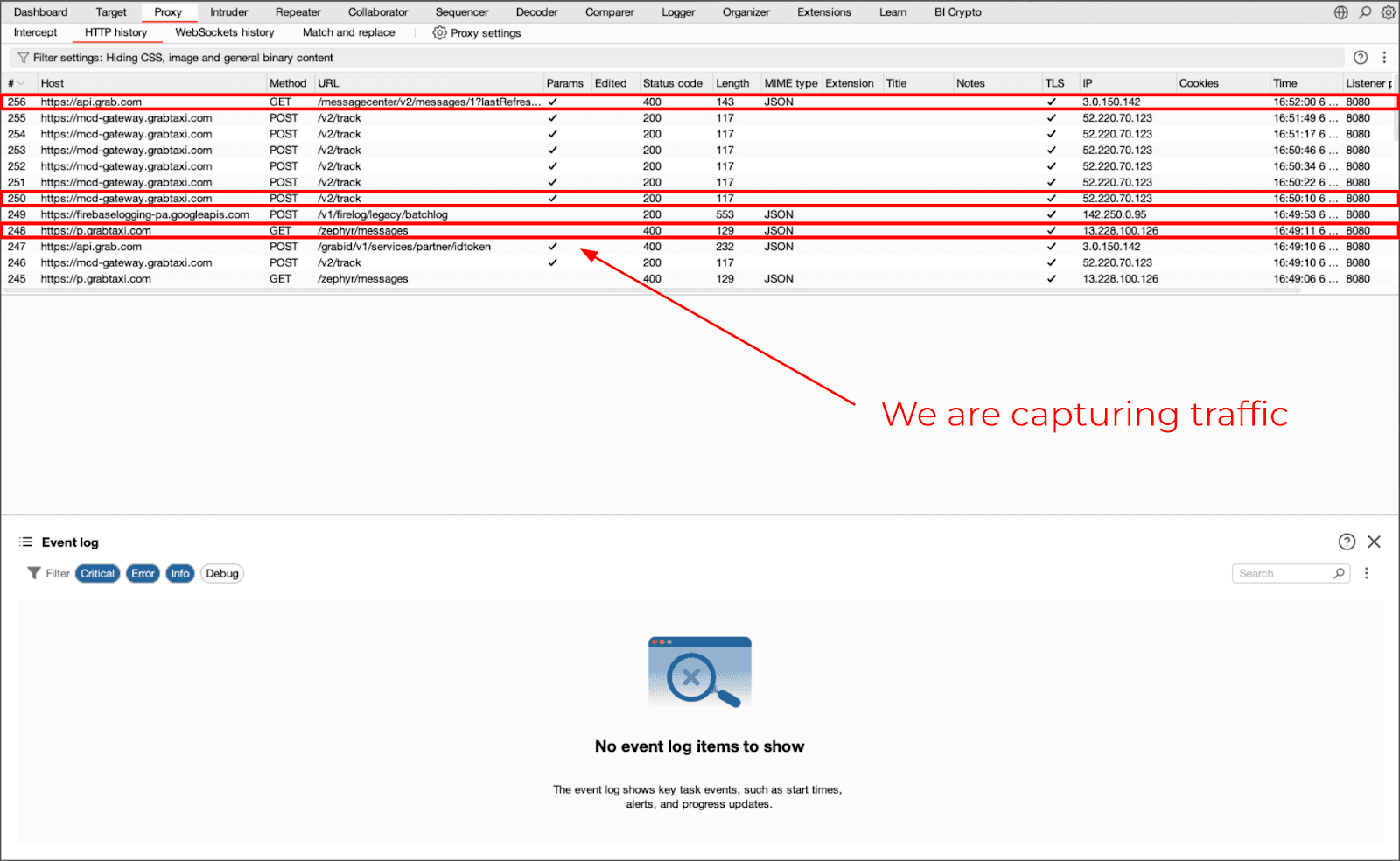 Burp capturing traffic with no errors from a Flutter app while using Frida4Burp and SSL pinning bypass scripts.