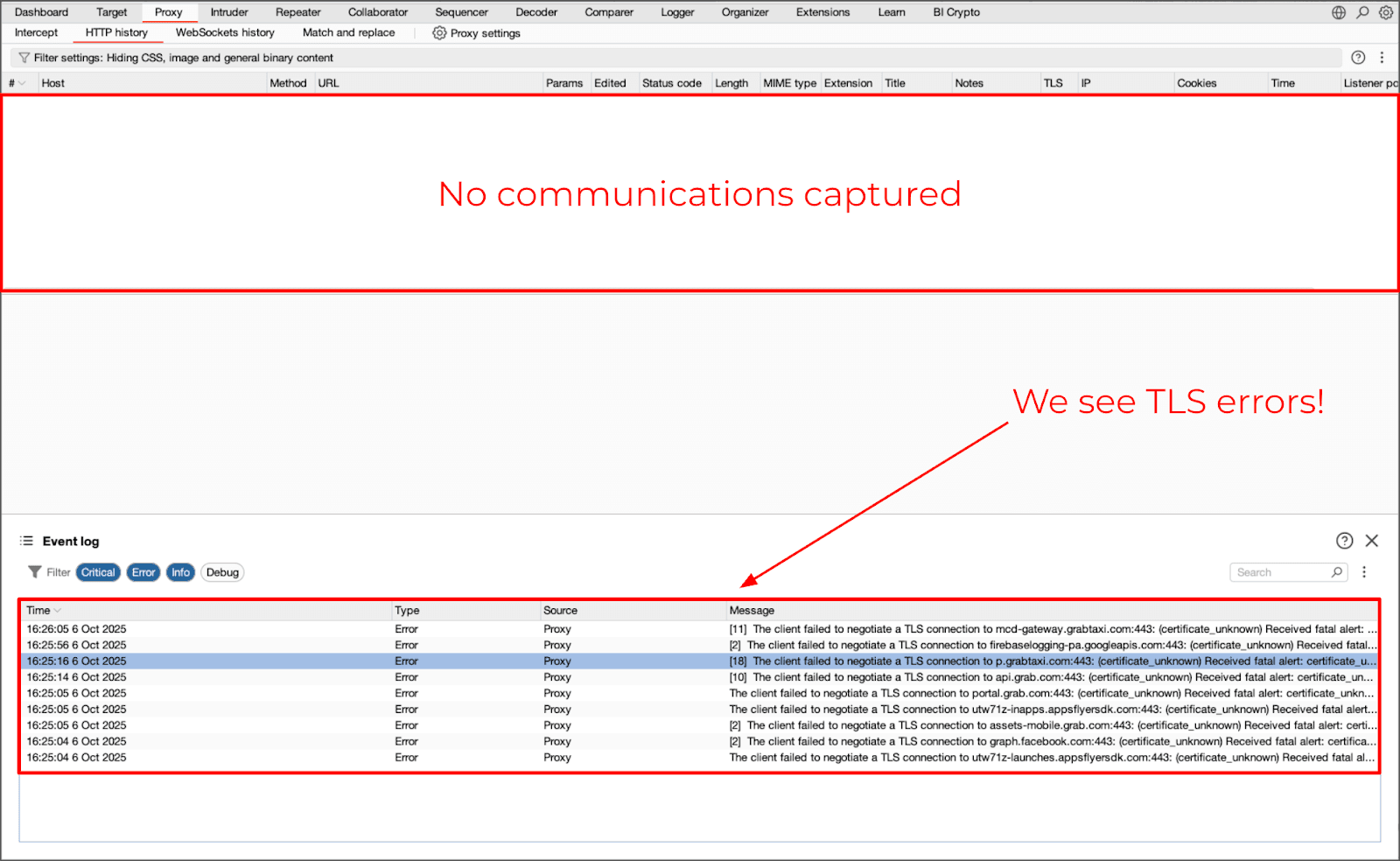 Burp capturing traffic from a Flutter application while using Frida4Burp script to redirect internal sockets, TLS errors observed due to SSL Pinning Implementation.
