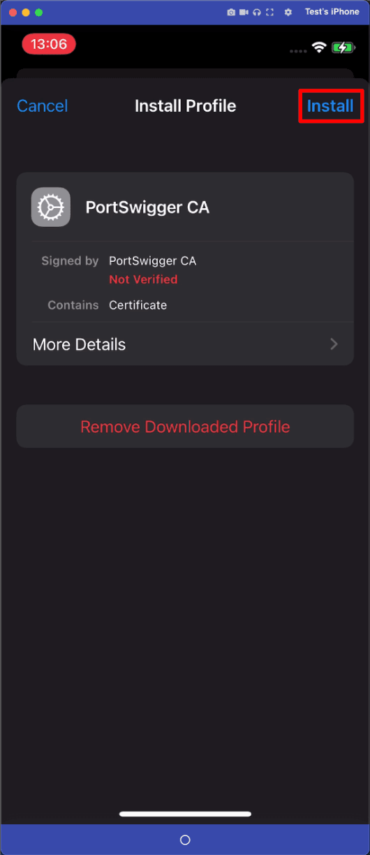 Burpās CA certificate being installed in iOS Device