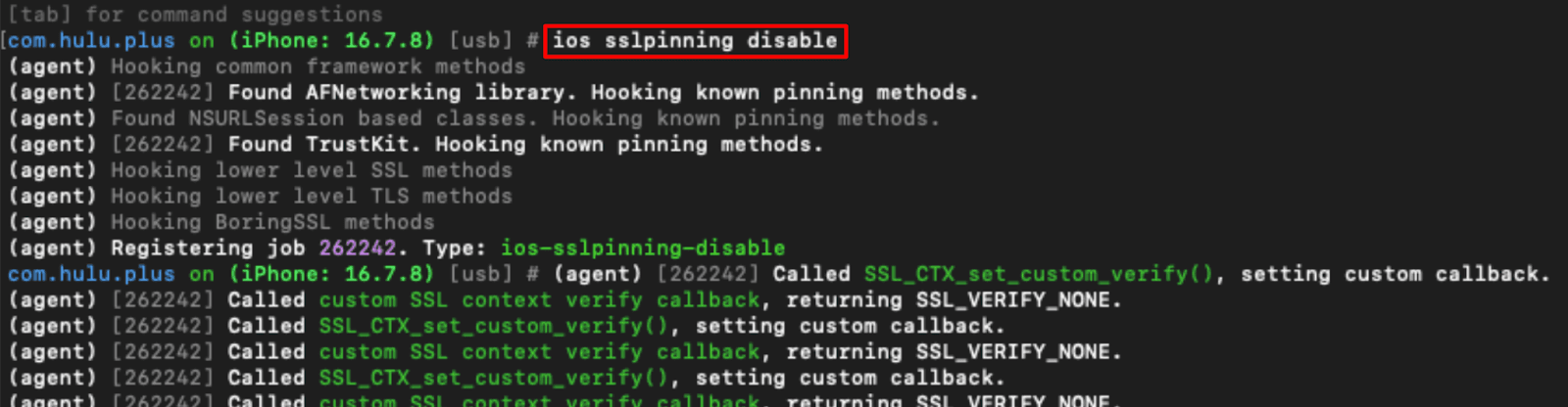Using Objection to disable SSL Pinning dynamically on an iOS application.