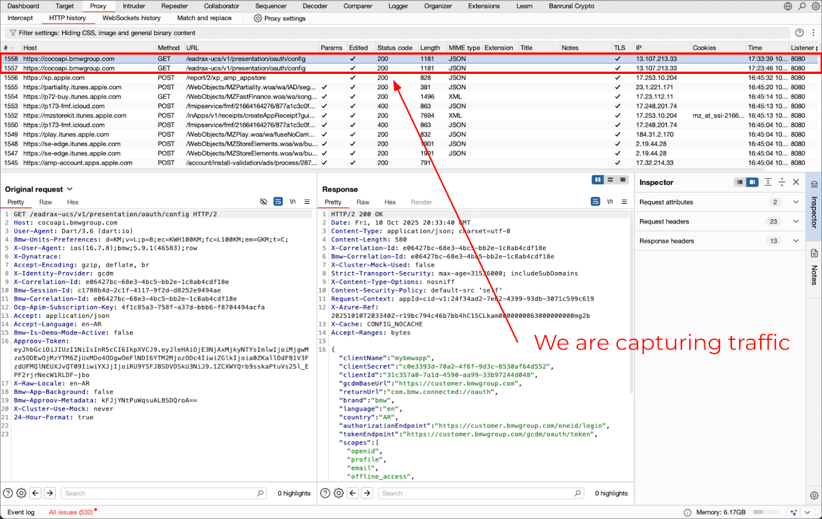 Burp capturing traffic with no errors from a Flutter app while using Frida4Burp and SSL pinning bypass scripts.
