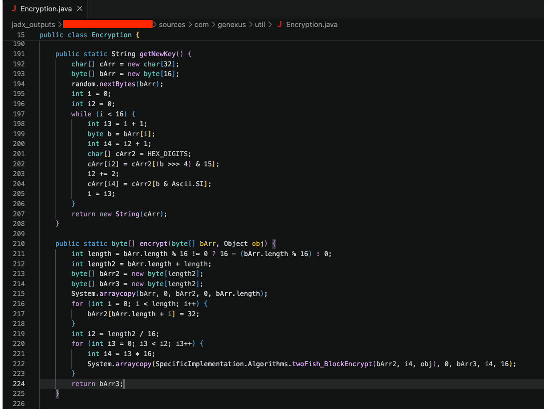 Figure 9. Initial reversing on an app where a helper or module related to payload encryption is observed.