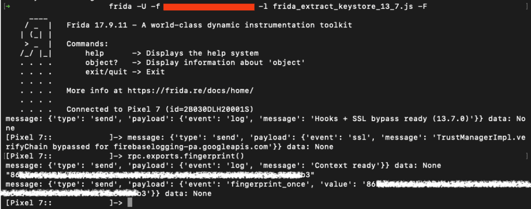 Figure 12. Instrumentation with Frida to extract at runtime the fingerprint and other values necessary to reproduce the cryptographic flow.