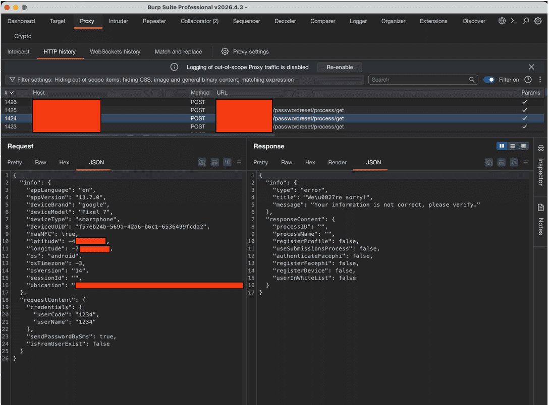 Figure 15. View of traffic processed in Burp, used as a reference to compare encrypted requests, responses, and auxiliary fields between applications.