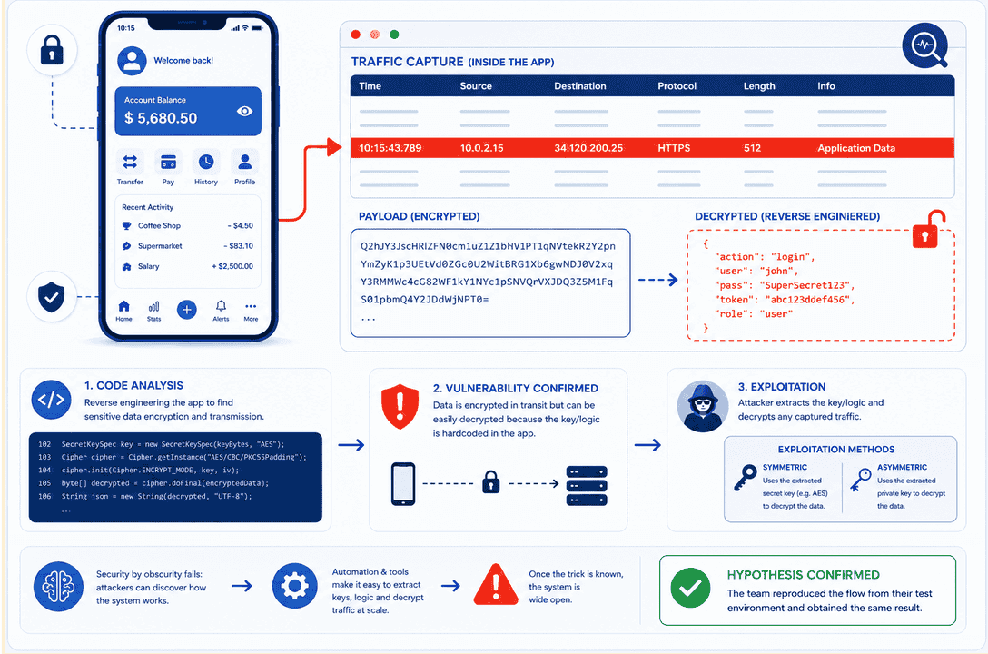 Figure 17. Visual summary of the pattern confirmation: opaque traffic over TLS, client-side logic associated with encryption, and local or runtime artifacts linked to the flow.