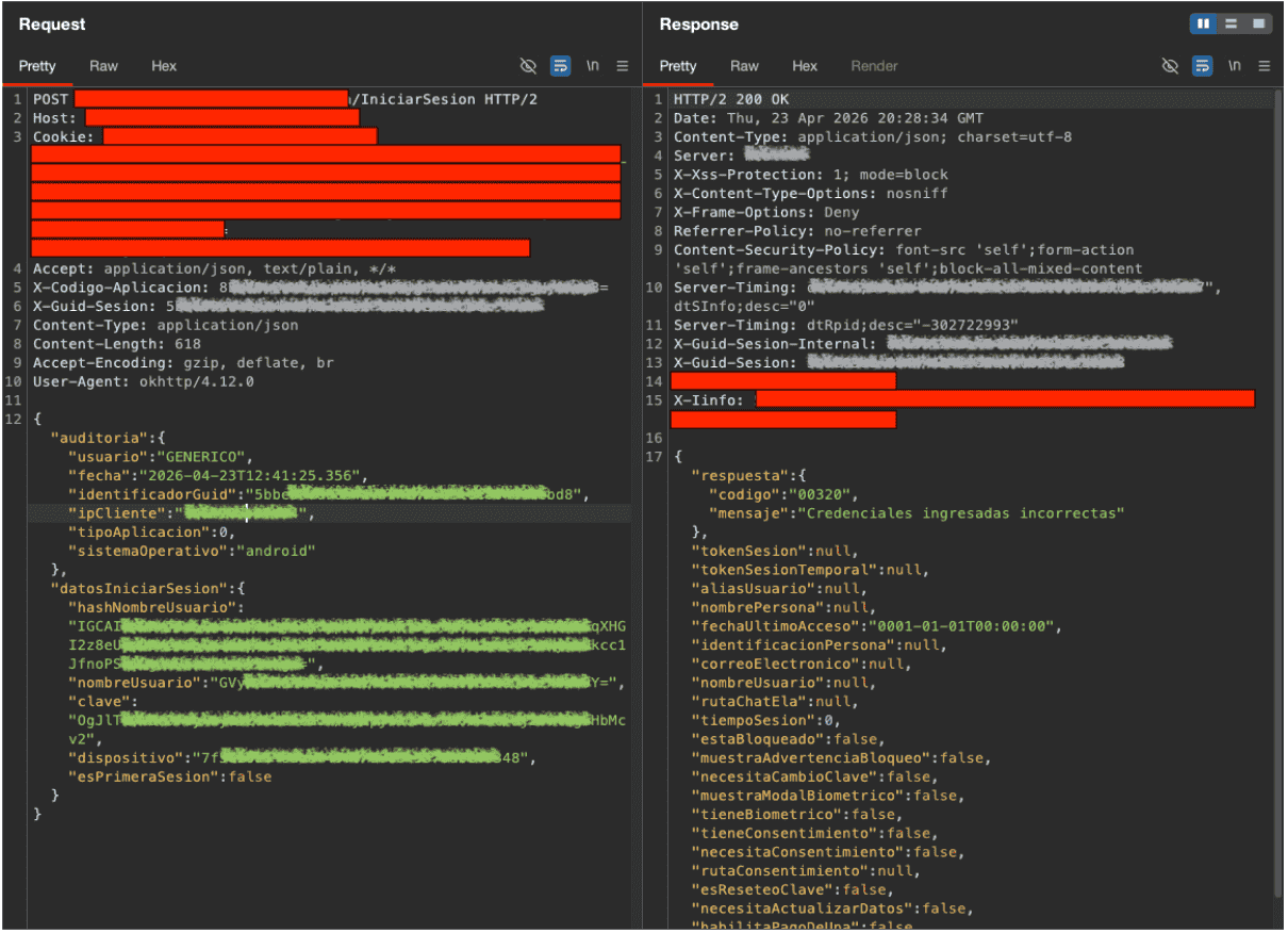 Figure 1. First example of traffic observed during the research: the proxy shows opaque structures and encrypted blobs instead of the complete functional JSON.