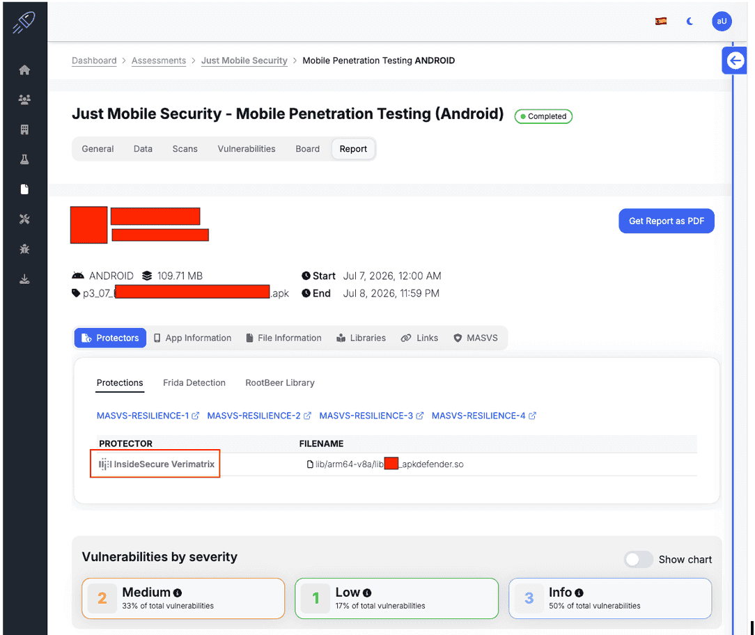 Figure 5. Example of an individual report used to review application metadata, protections, and findings detected during triage.
