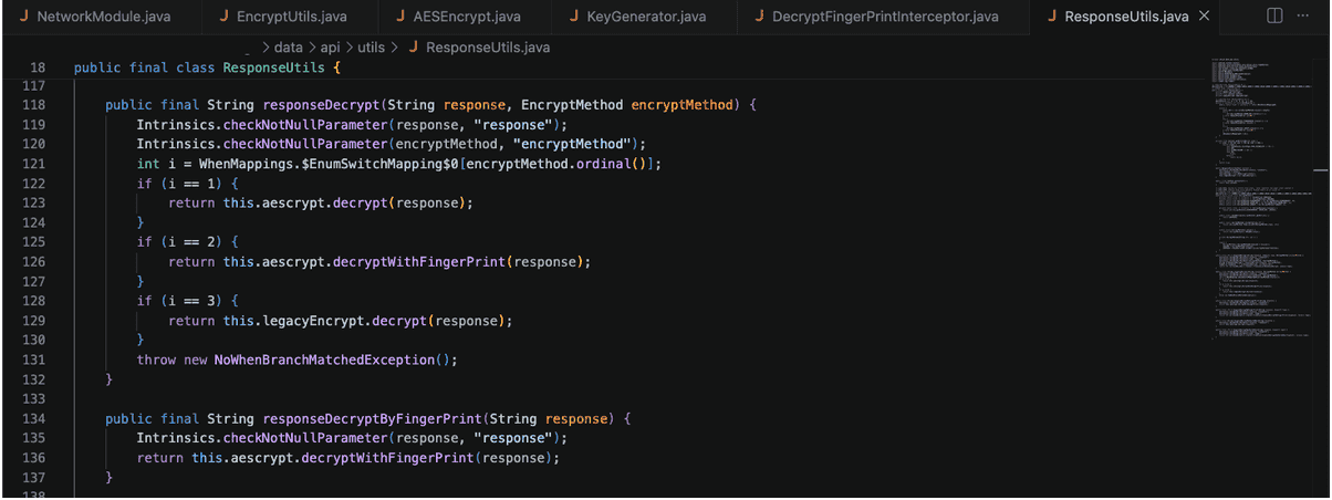 Figure 10. Selection of the decryption method and entry into the responseDecryptByFingerPrint() stream to retrieve the working content.