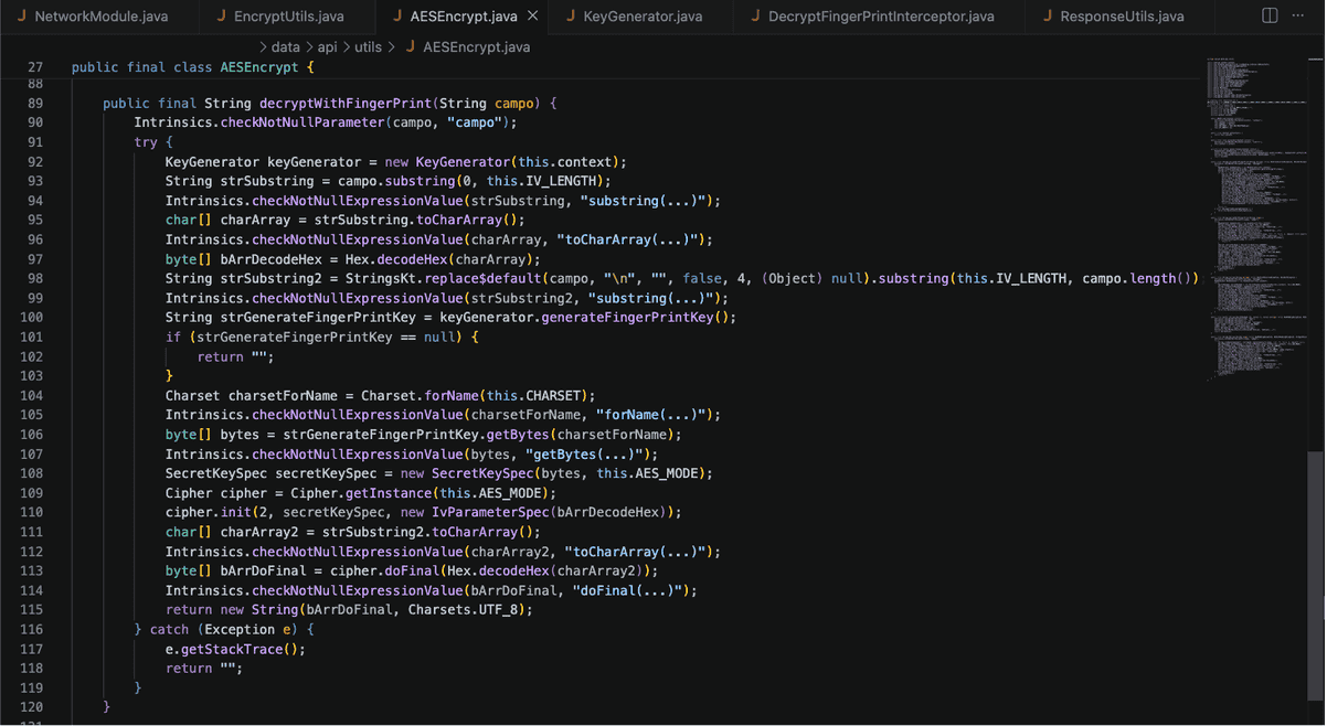 Figure 11. decryptWithFingerPrint() routine used to reconstruct the plaintext JSON from the received encrypted blob.