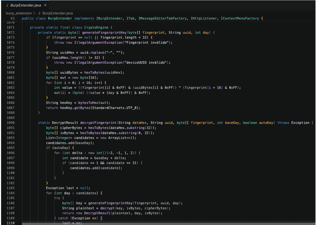 Figure 12. Reimplementation in Java of the key derivation and decryption logic later used by the Burp extension.