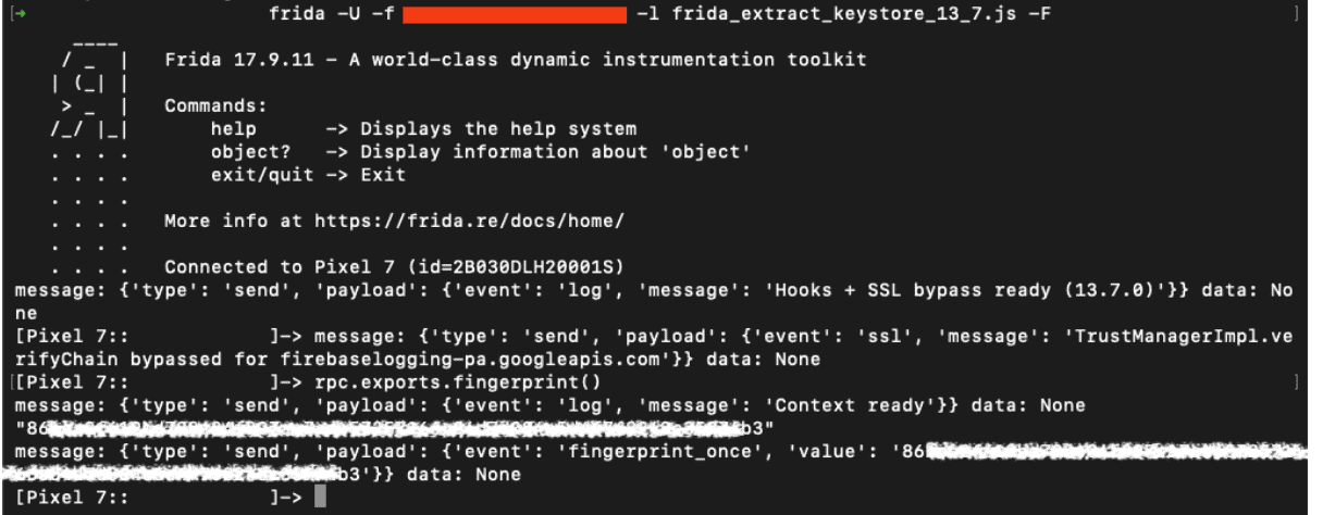 Figure 14. Instrumentation with Frida to extract at runtime the fingerprint and other values necessary to reproduce the cryptographic flow.