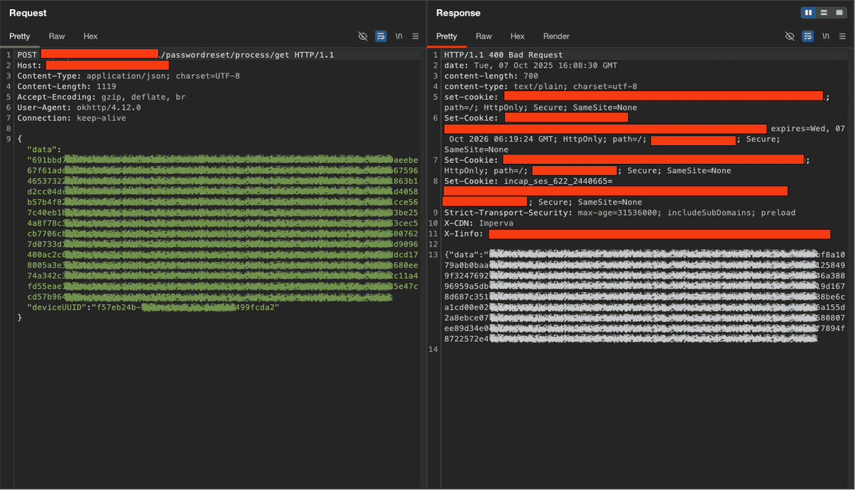 Figure 15. Initial interception of encrypted request and response before the manual decryption process.