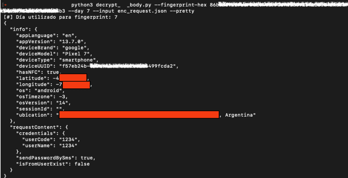Figure 16. Manual decryption of the request and visualization of the functional JSON in plain text.