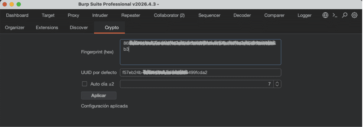 Figure 21. Extension configuration screen with fingerprint, UUID and base day used to operate on encrypted traffic.
