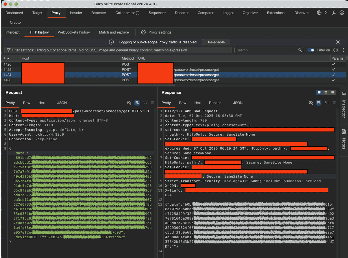Figure 22. View of the traffic intercepted in Burp before applying the automatic content transformation using the extension.