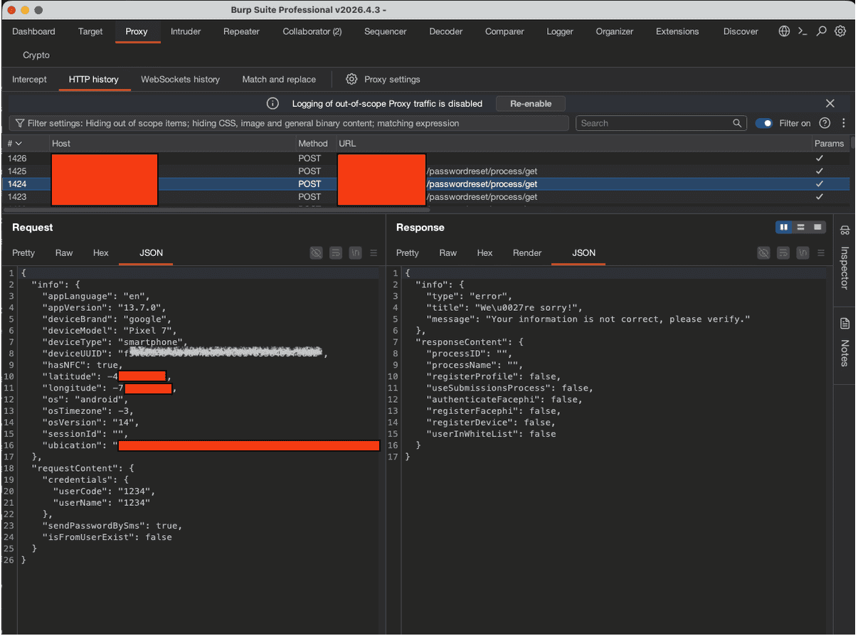 Figure 23. Visualization of the request and response already decrypted within Burp using the extension JSON view.