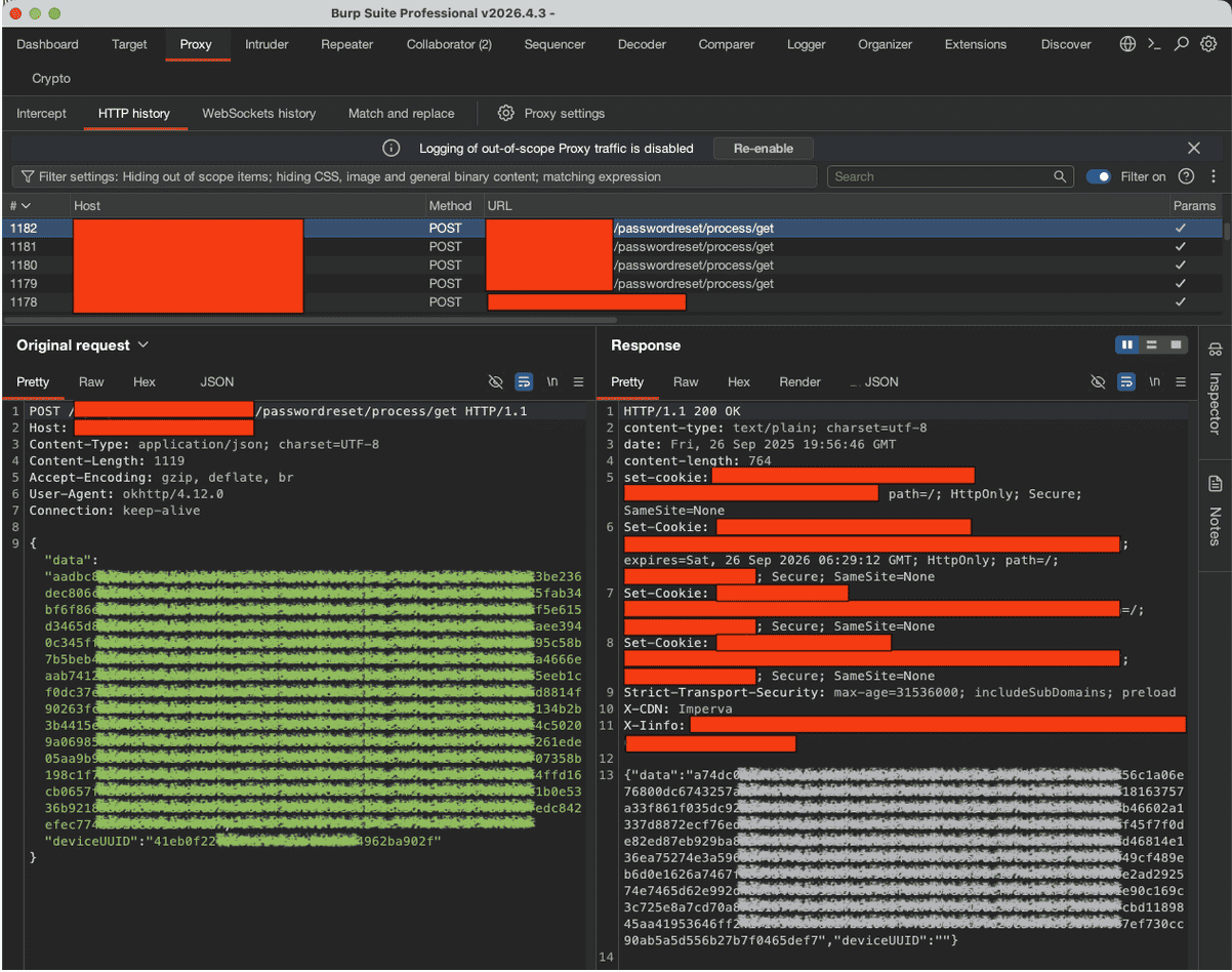 Figure 24. Inspection of the original encrypted request and the associated response during testing with the extension.