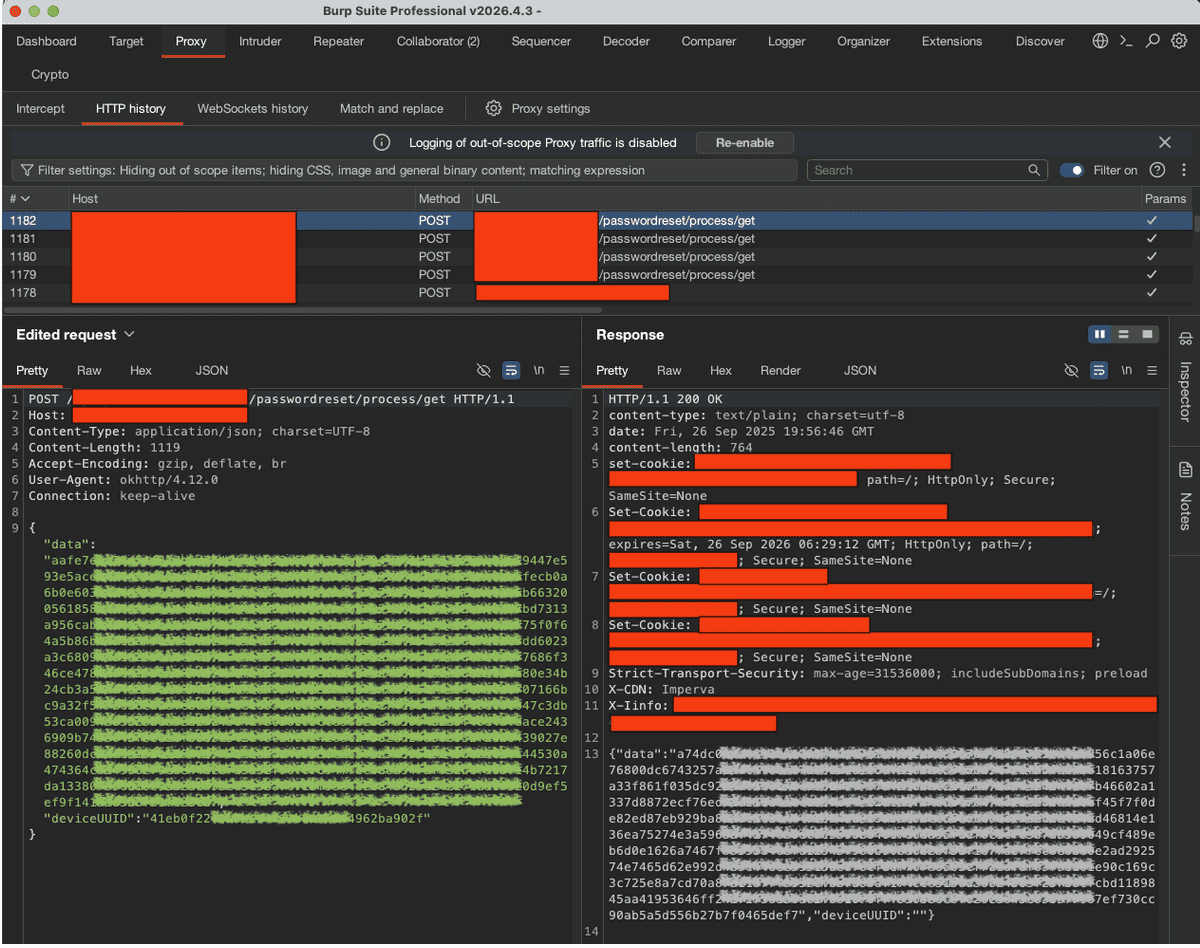 Figure 26. Request already re-encoded and forwarded to the backend after modifying the functional content within the instrumented flow.