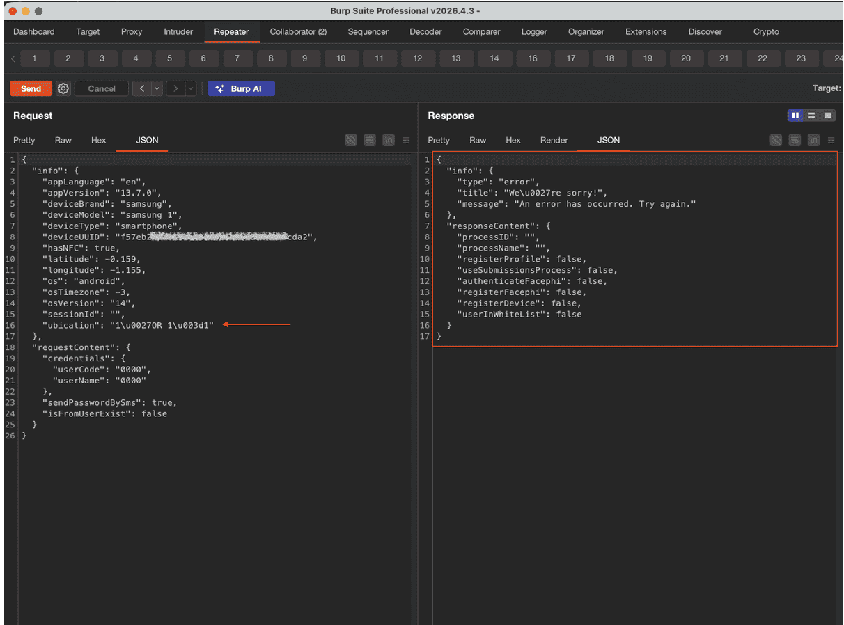 Figure 30. Additional example of the decrypted request and the injected payload within a functional parameter, with the response processed by the backend.