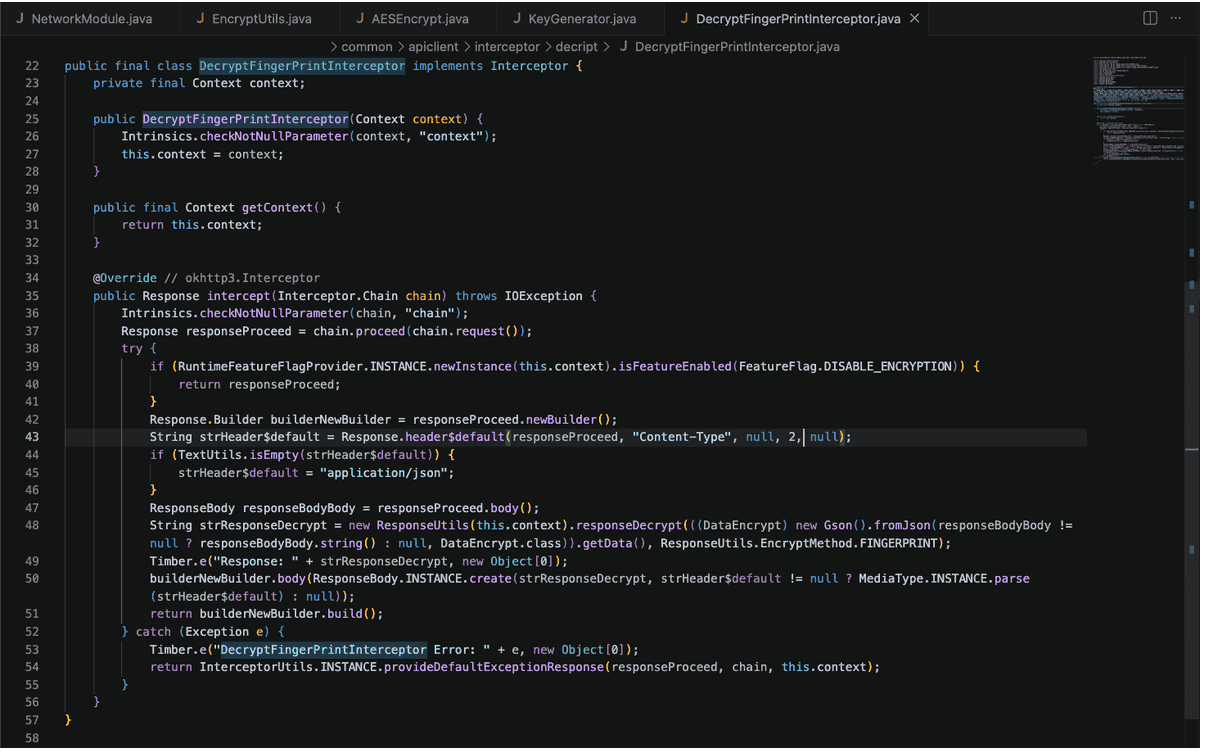 Figure 9. Interceptor responsible for receiving the encrypted response and replacing the body with the decrypted content before delivering it to the app.